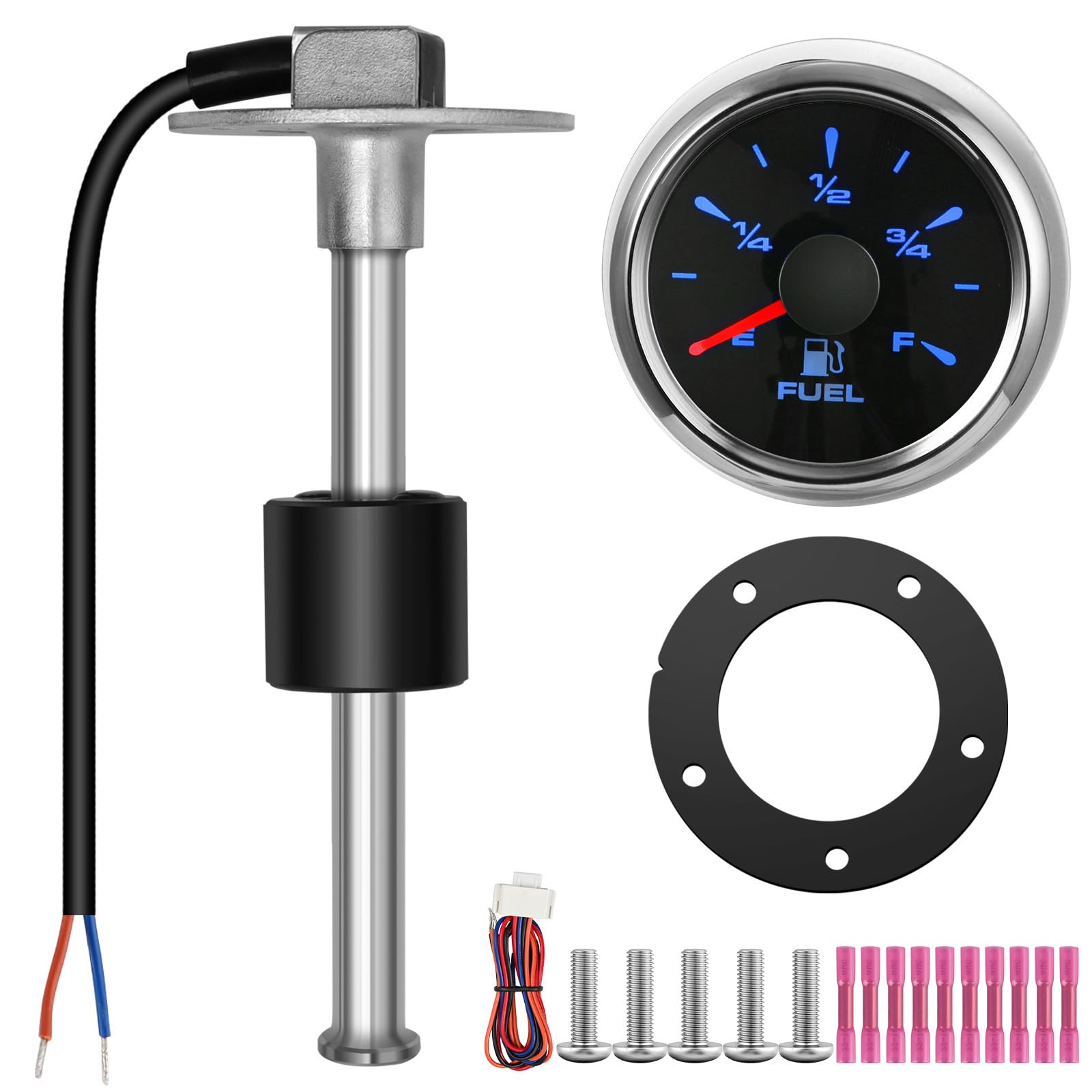 Rupse Fuel Sending Unit with Gauge Kit 240-33 Ohm, 10mm High Precision Stainless Steel Fuel Sender for Boat, RV, Marine, Easy Installation, 8-Color Backlight Waterproof Fuel Level Gauge (8"(10mm)