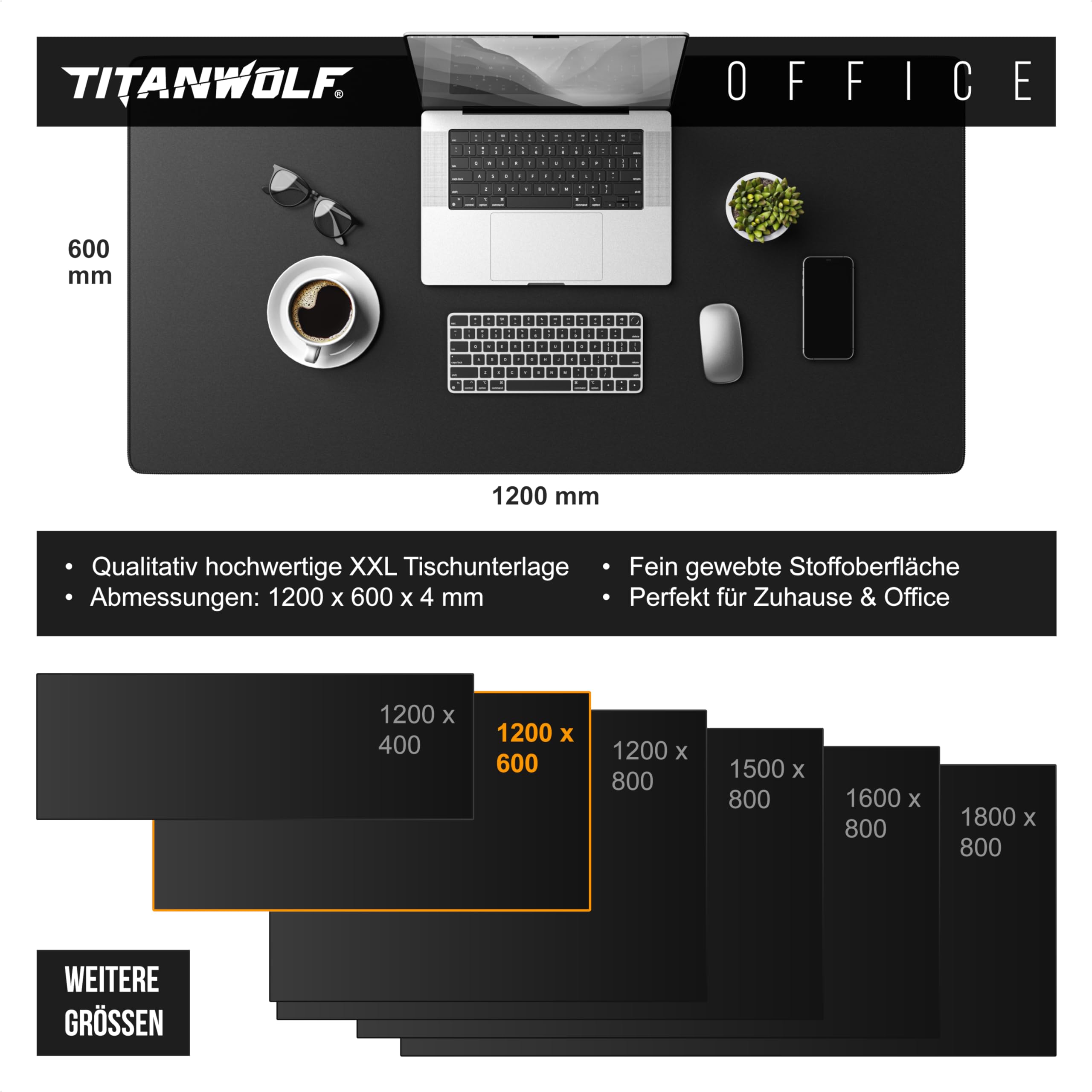 Titanwolf Übergröße Mauspad 1200x600mm, XXXL Mousepad Home und Office Schreibtischunterlage Groß, Tastatur und Maus Unterlage Schreibtisch 120x60 cm - Schwarz