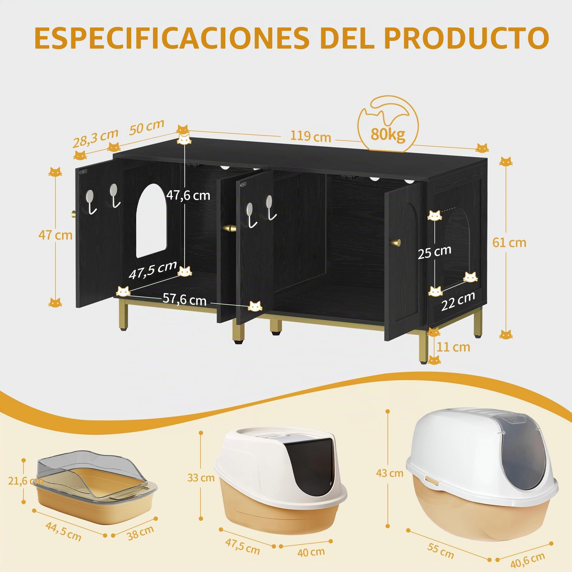 Hzuaneri Caja de Arena para 2 Gatos, 119cm Mueble para Caja de Arena Oculta, Casa de Madera para Mascotas, Mueble de Almacenaje, Se Adapta a la Mayoría de Arenero Gato, Negro CB82304A