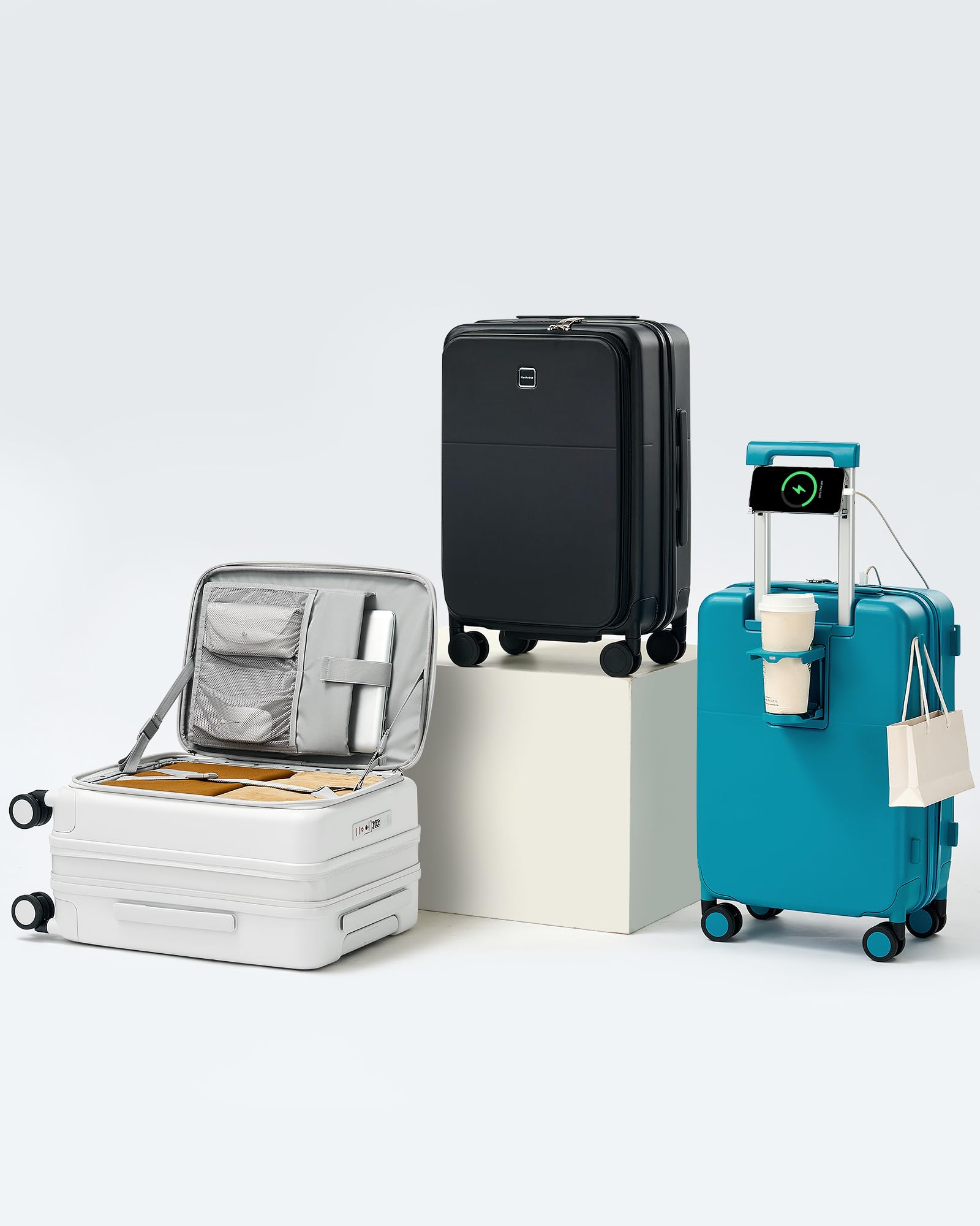 Hanke Equipaje extensible de apertura superior con portavasos y puertos USB, Blanco ahumado., Expandable 24 Inch, Equipaje de apertura superior con portavasos y puertos USB