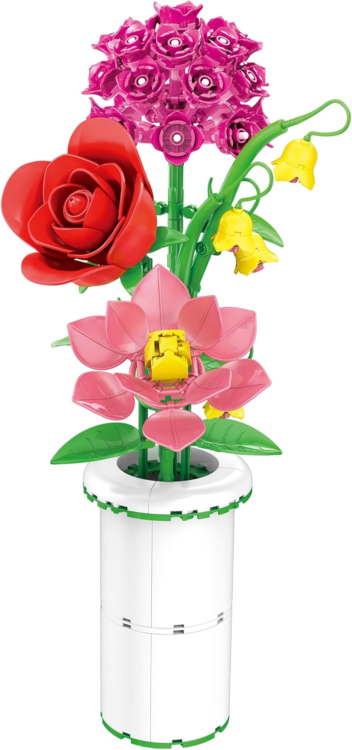 Brickcraft Botanicals Radiant Bouquet & Vase Building Set (280 Pieces) Creative Flower Arrangement Kit with Rose, Gardenia, Lily & Hydrangea – Display for Home or Office, Christmas