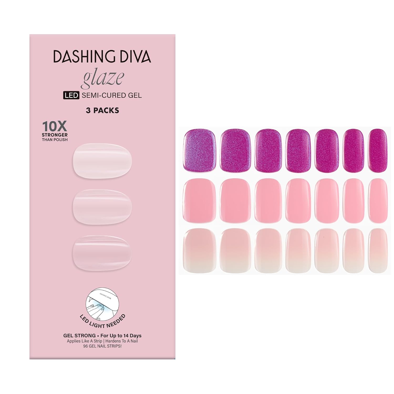 Dashing Diva Glaze Nail Strip 3-in-1 Kit - Best of Pinks - Long Lasting, Chip Resistant, Semi-Cured Gel Nail Strips - Contains 96 strips, 3 prep pads, 3 manicure sticks, 1 nail file