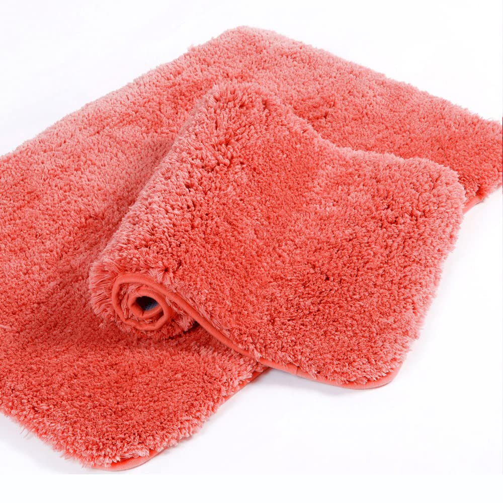 walensee shaggy 3 piece bath rug set, (20 x 32, 3pack set, living coral) bathroom rug set bath mats for bathroom machine wash/dry absorbent bathroom mats set non slip plush rug sets for shower