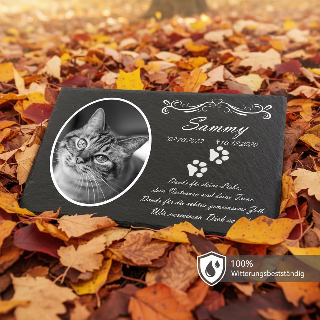 Katzengrabstein mit eigenem Foto und Katzenpfoten, Gedenksteine für Katzen mit personalisierter Gravur Katzen, Gedenksteine aus Naturschiefer 20x30 cm
