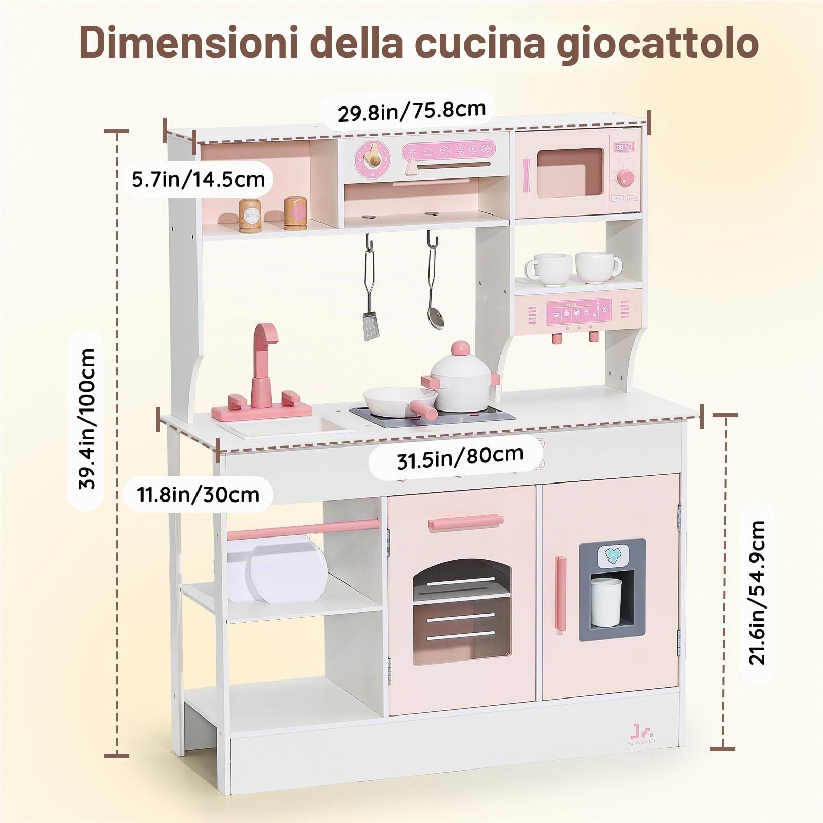 SainSmart Jr. Cucina giocattolo in legno per bambini, rosa, con luce e suono, dispenser di cubetti di ghiaccio, microonde, forno e lavello, grande cucina per bambini con accessori, gioco di ruolo a