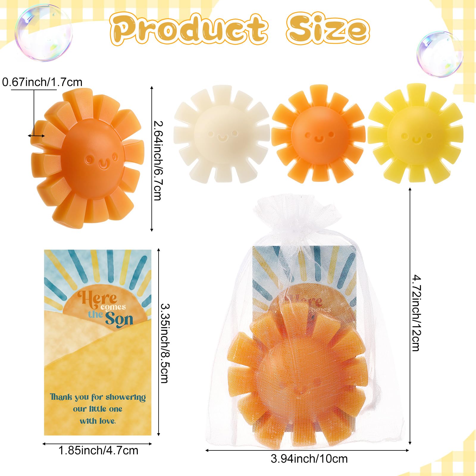 Leelosp 90 Sets mit Aufschrift "Here Comes the Son" für Babypartys, Sonnenscheinseifen, Sonne, handgefertigte Duftseife mit Dankeskarten und Organza-Beuteln für Gäste, Babyparty, Party, Spiel, Preis