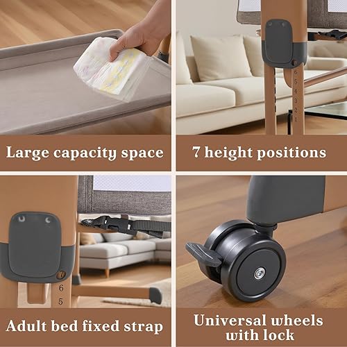 Miniatura 2 de Cuna de bebé 3 en 1, cuna mecedora con cómodo colchón y ruedas, cuna de altura ajustable, cuna portátil fácil de plegar para recién nacido (caqui)