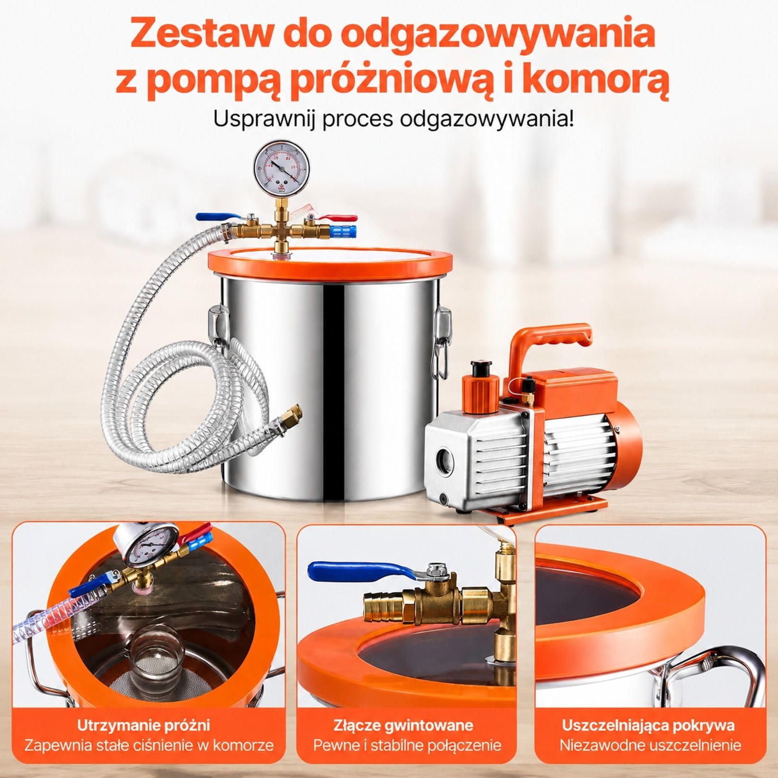 Komora próżniowa ze stali nierdzewnej z akrylową pokrywą, zestaw z pompą, olejem, wężem i manometrem do odgazowywania żywic, epoksydu, silikonu