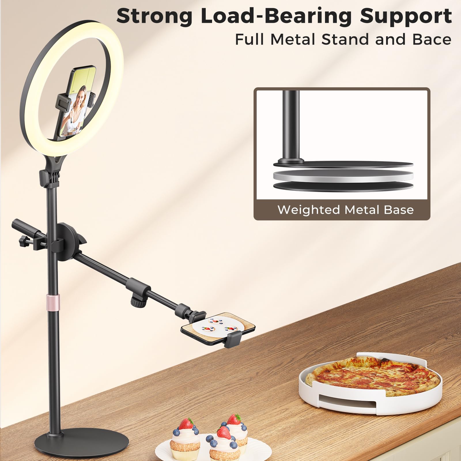 Anillo de luz de escritorio de 11 pulgadas, anillo de luz inalámbrico Bluetooth con soporte y soporte para teléfono, soporte de teléfono para grabación de video, trípode para cocinar videos, lámpara