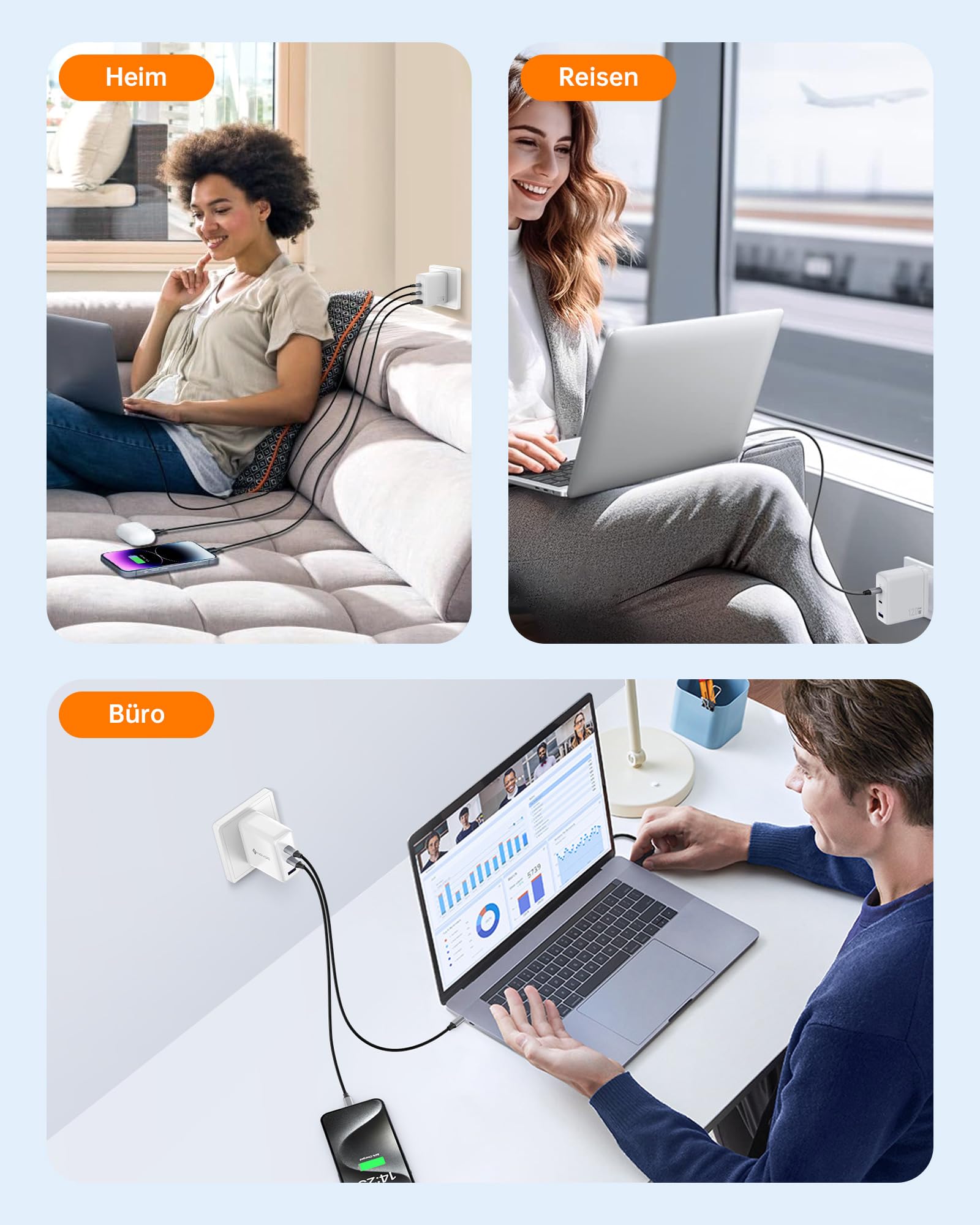 NOVOO GaN III Szybka ładowarka USB-C 120 W, kompaktowa 3-portowa uniwersalna ładowarka PPS z 1 kablem PD 100 W typu C, do MacBook Pro 14'', Dell XPS 13, iPad Pro, iPhone 15, Galaxy S23, Note20, Apple