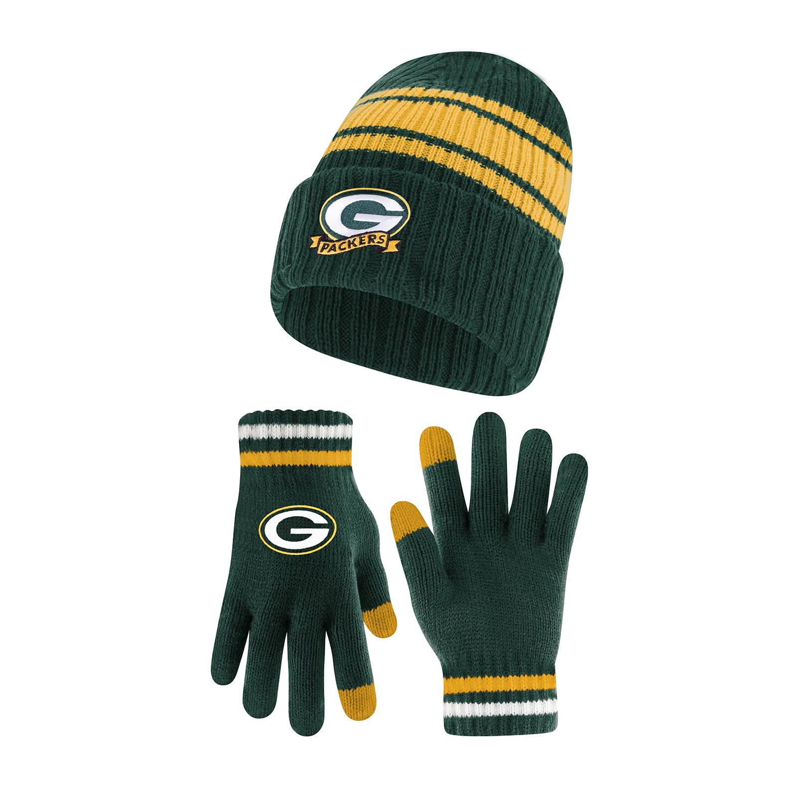 Ultra Game Youth NFL Official Super Soft Team Stripe Winter Beanie Knit Hat with Warm Touch Screen Gloves