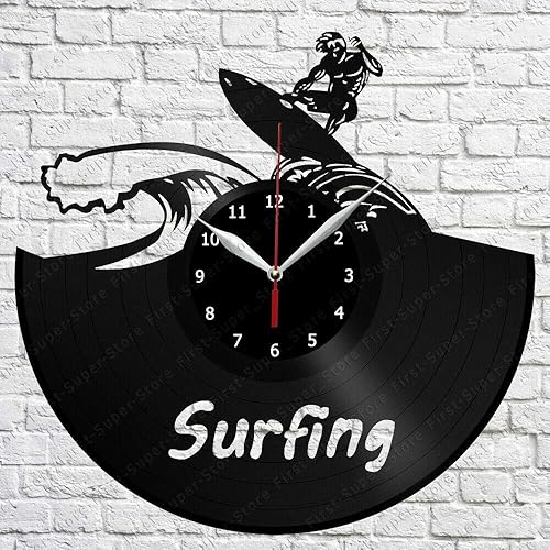 Reloj de pared de vinilo de surf LP Record decoración del hogar hecho a mano arte regalo de personalidad (tamaño: 12 pulgadas, color: negro)