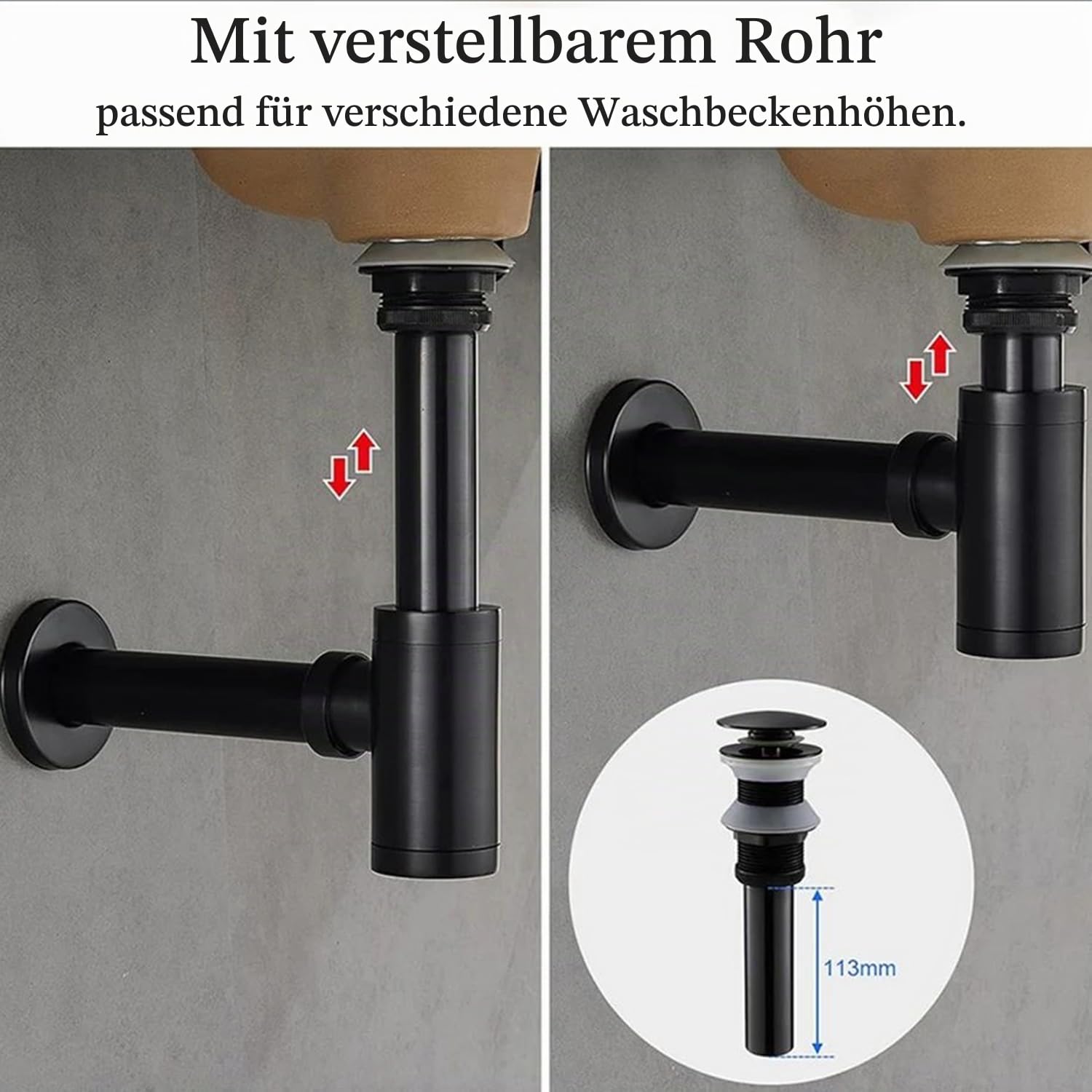 Design Siphon mit Pop Up Ventil Ablaufgarnitur für Waschbecken,1 1/4 zoll aus Messing Abflussgarnitur Abfluss für Bad, Geruchsverschluss inkl. Dichtungen, Schwarz Retro,Mit Ejektorventil