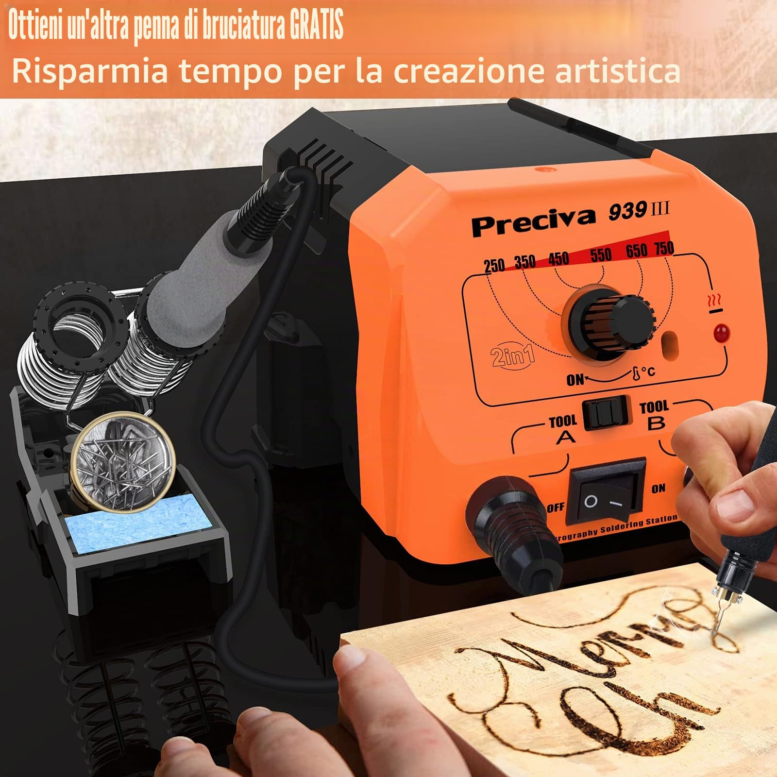 Kit Pirografia Legno,Preciva 40W 250-750℃ pirografo per legno professionale regolabile macchina pirografia Penna con 20pcs filo di saldatura,per legno,pelle e sughero (2)