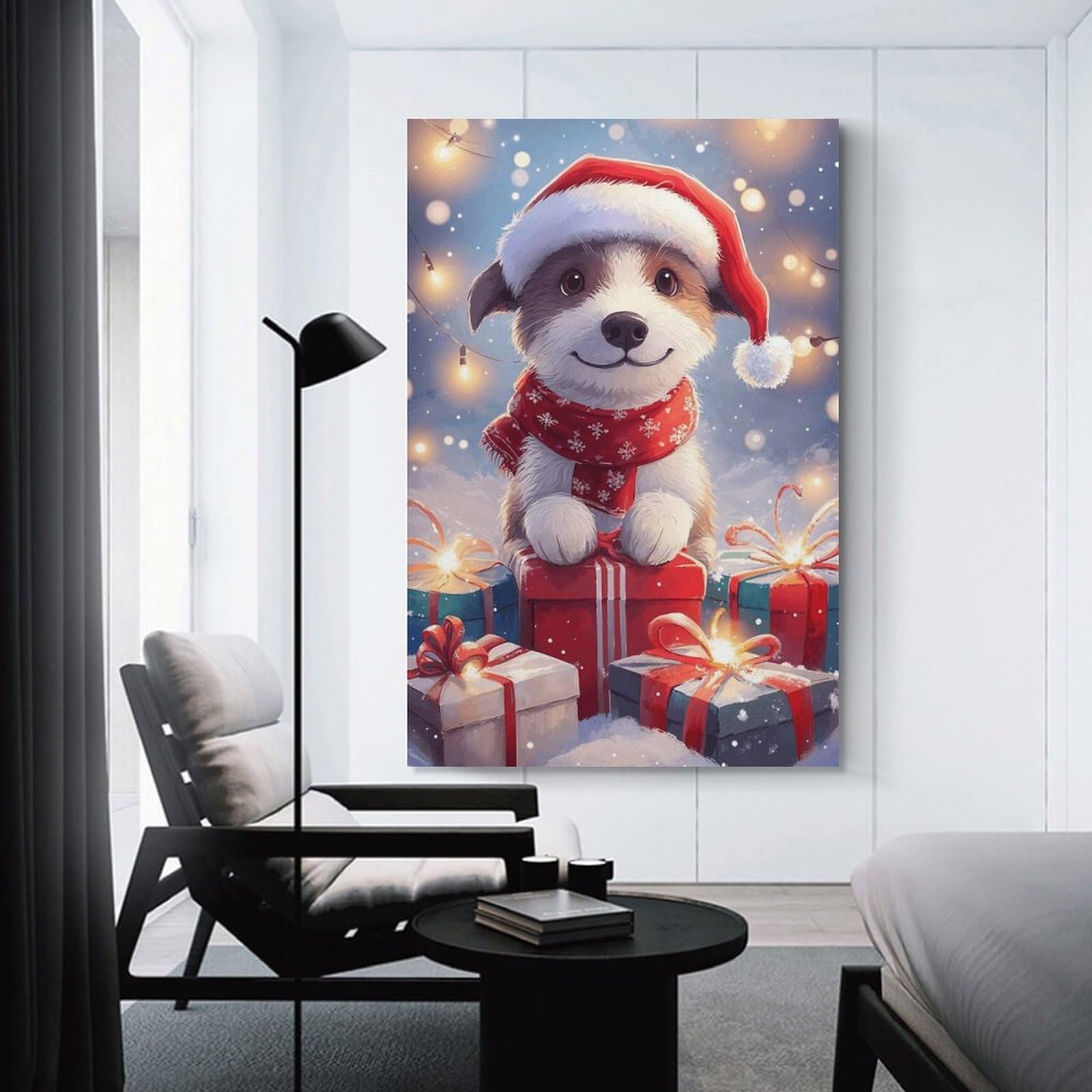Junmoney Christmas Puppy with Gifts Canvas Wall Decor, 24x36inch(60x90cm), for Gallery Wall Decor And Room Displays, Wall Decor Suited to Curated Displays
