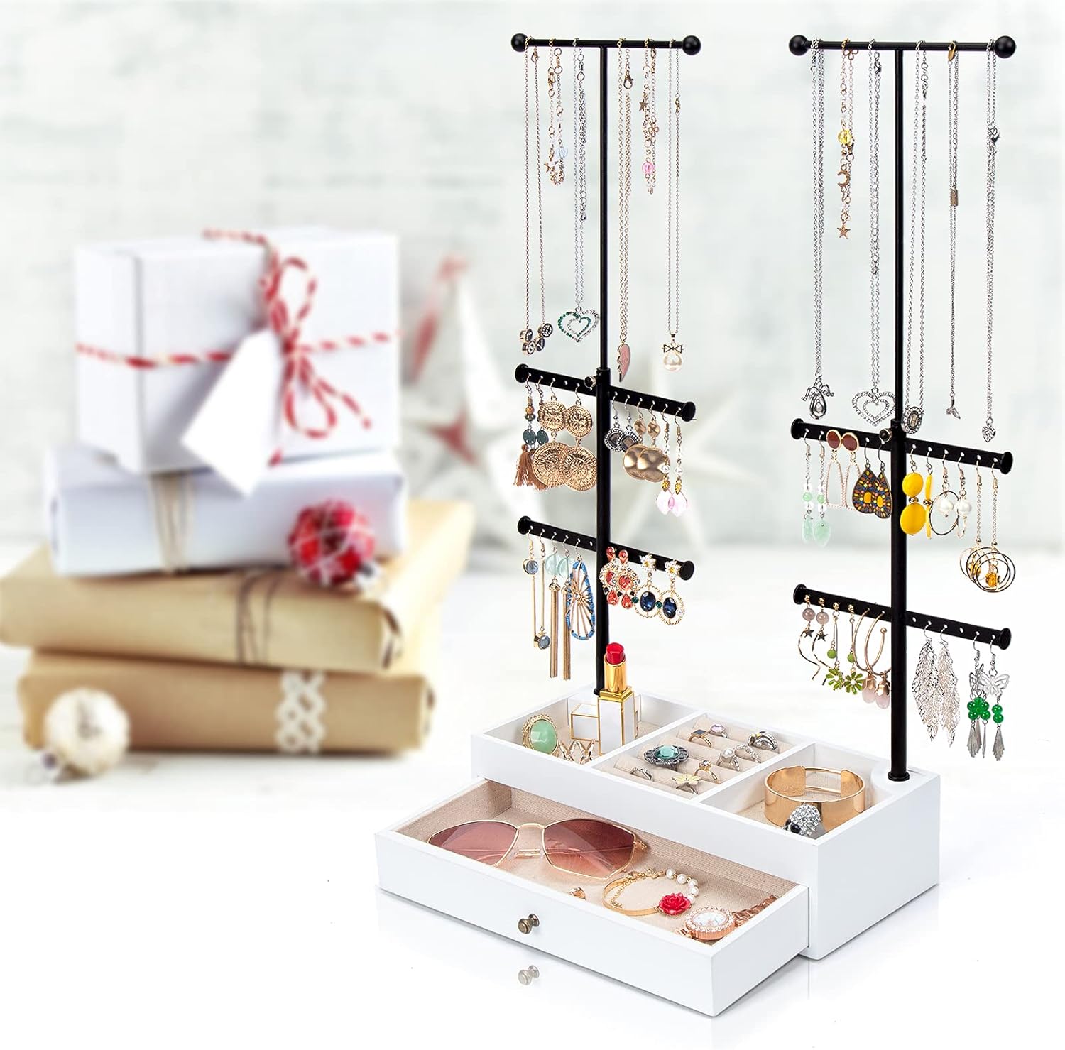 Emfogo Jewelry Organizer Stand Wood Basic Jewelry Drawer Storage Box with Double Rods & 6 Tier Jewelry Tree Stand Holder for Necklaces Bracelet Earring Ring Display(Vintage White)