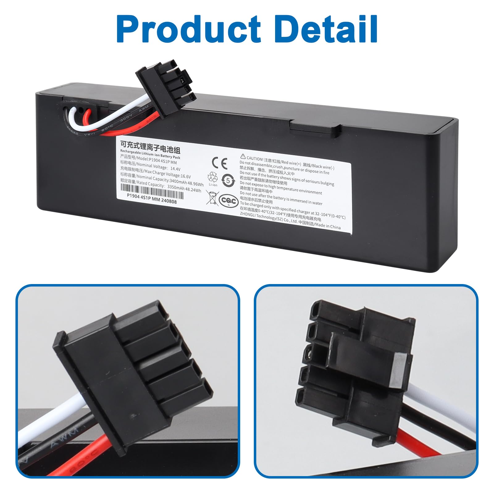 14.4V 3400mAh 48.96Wh Zamiennik baterii do Xiaomi Mijia STYTJ02YM i Mop 2S / Mop Pro/Mop P / Viomi SE V3 V2 bateria do Yunmi MVVC01-G i Conga 3290 3390 3490 3590 3690 363790 3890
