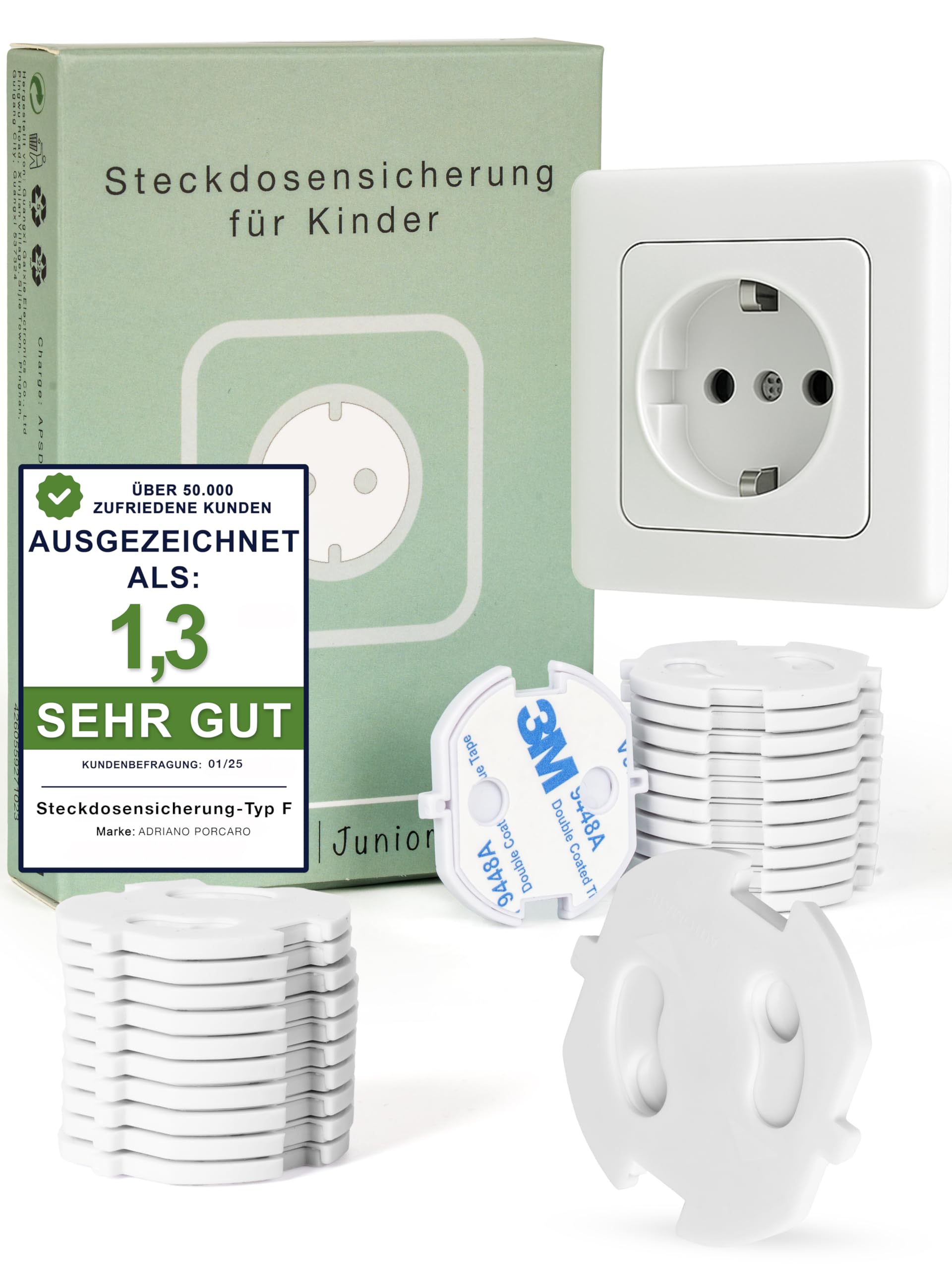 ADRIANO PORCARO® Steckdosen Kindersicherung 25er Set – Steckdosenschutz Kindersicherung selbstklebend mit Schlüssel – Kindersicherung Steckdose weiß für Baby Zubehör – EU Typ F