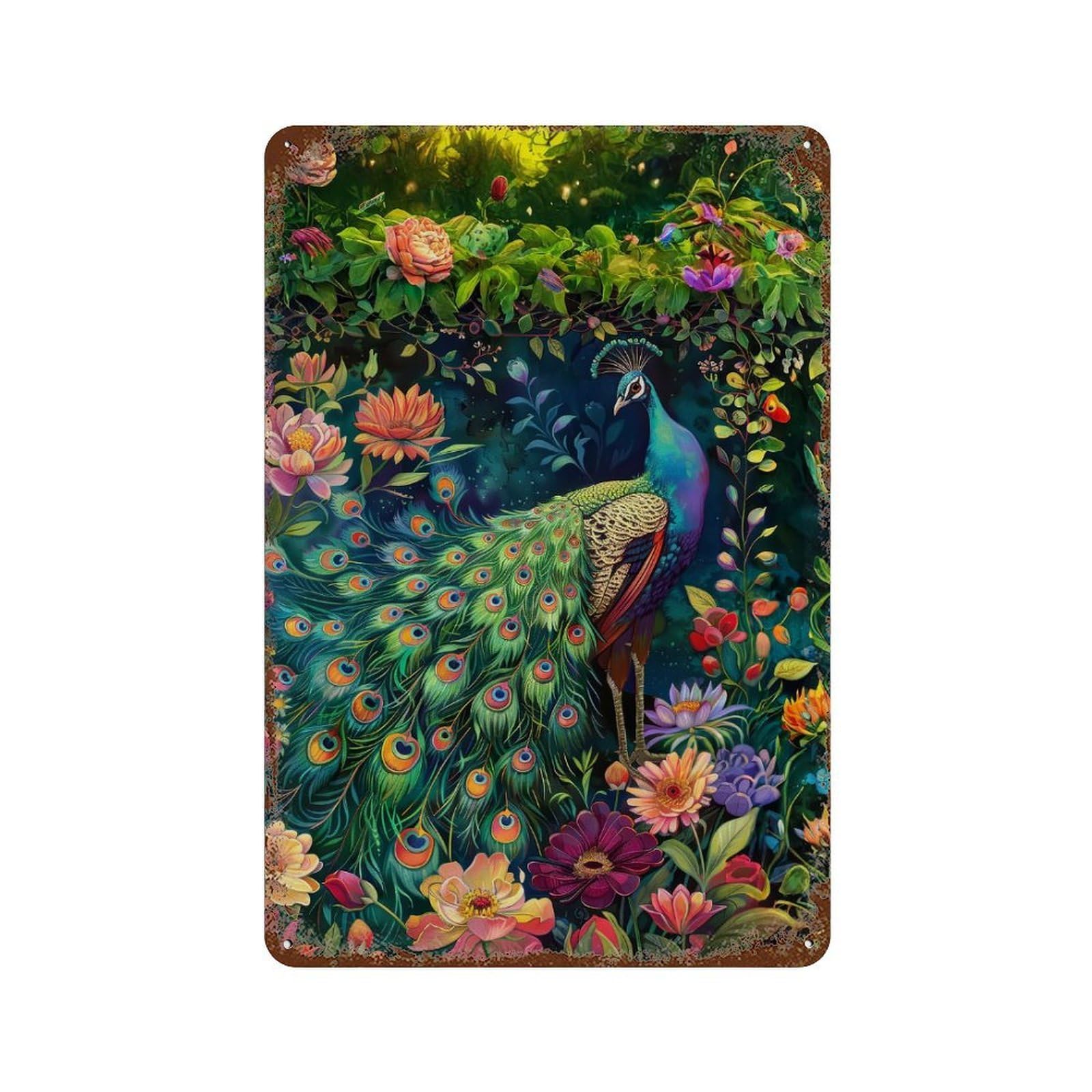 Peacock in The Garden Rust Effect Tin Sign 11.8"x7.9", Rustic Home Decor for Cafe, Home Bar And Lounge Decor