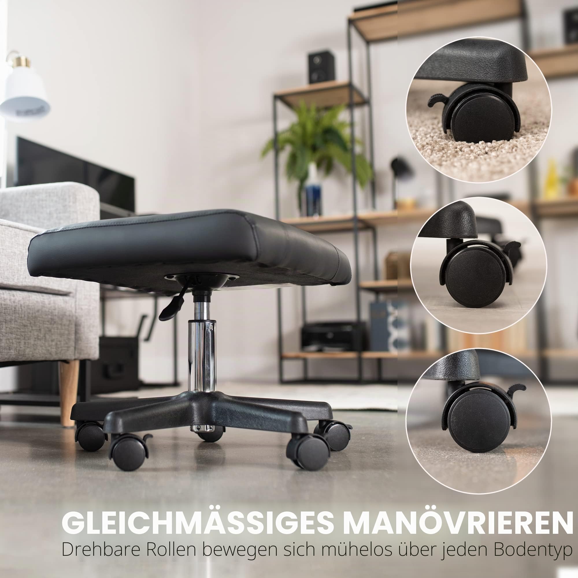 VIVO Mobile Fußstütze mit Rollen, Ergonomische Rollhocker Beinstütze für Arbeitskomfort, Höhenverstellbarer Computer-Schreibtischhocker mit dicker Polsterung, Bürositz, Schwarz, CHAIR-S04F | Roll-Ottomane, pneumatische Höhenverstellung, gepolsterter Fußho