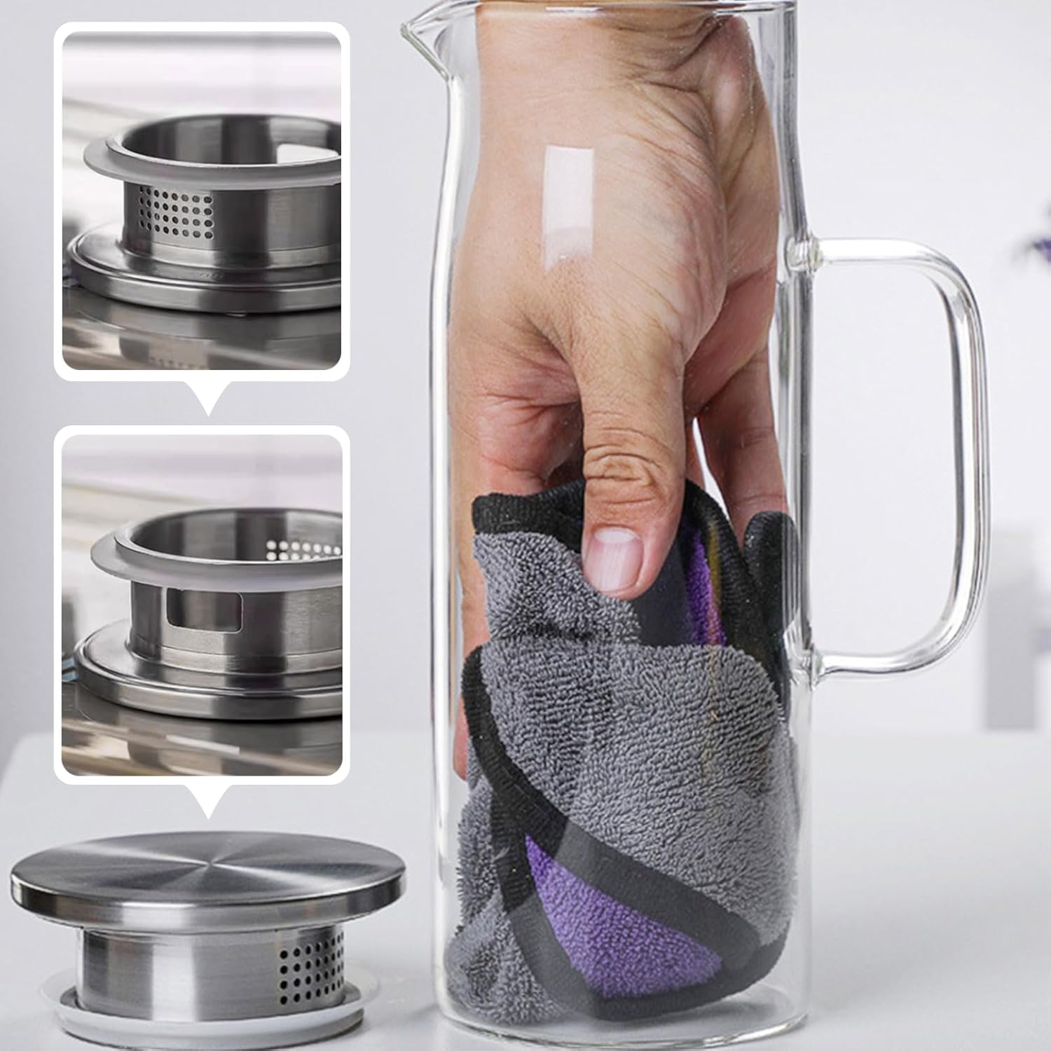 hjn Glass Pitcher with Lid Glass Water Carafe with Handle, Fridge Water Jug Cold or Hot Beverages, Iced Tea, Milk, Juice 1500ml/51oz & aluminium lid - Image 5