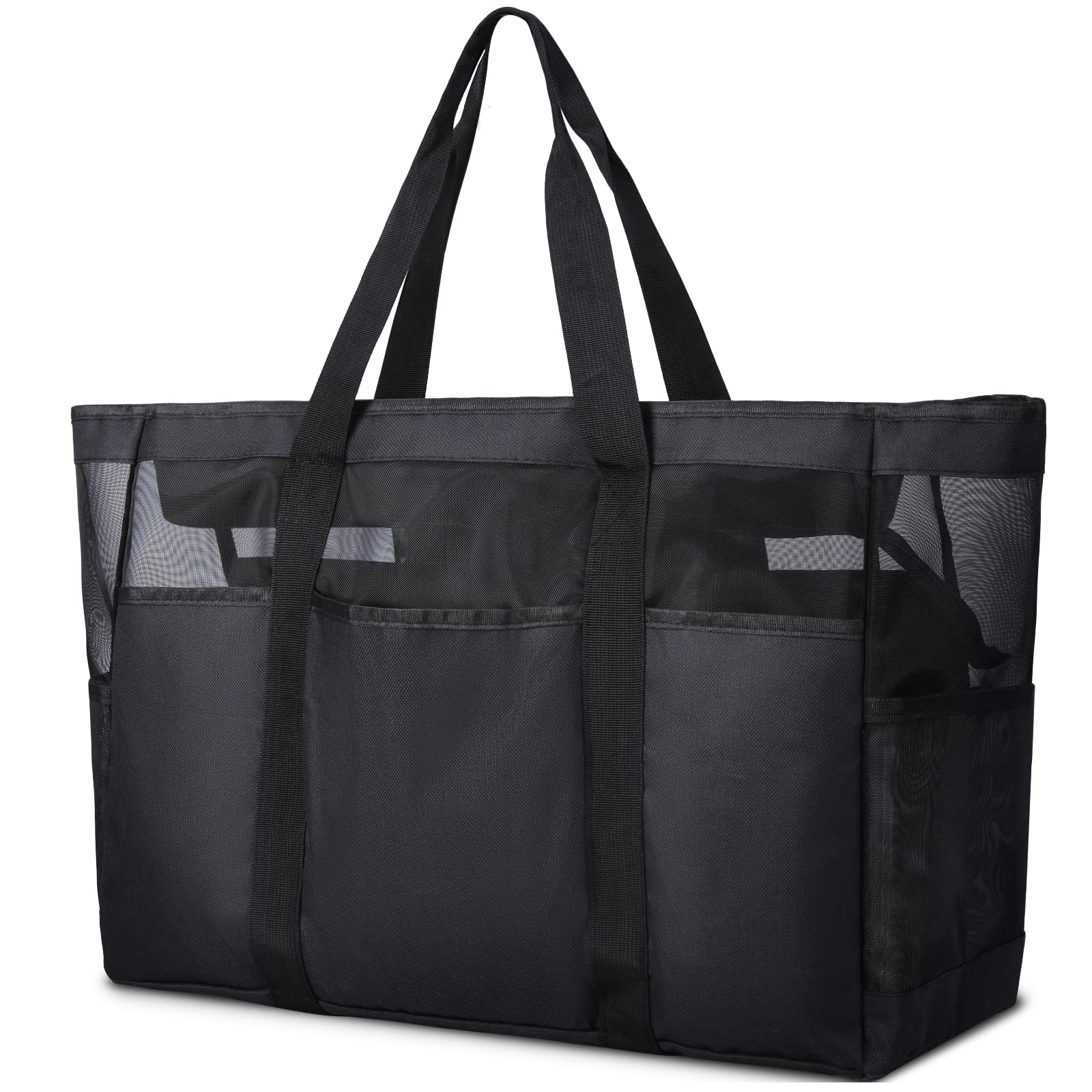 Lubardy Bolsa de Playa Grande XXL Familiar, Mujer con Cremallera, Bolso de Tote Hombro de Malla para Viaje Compras Juguetes Negro