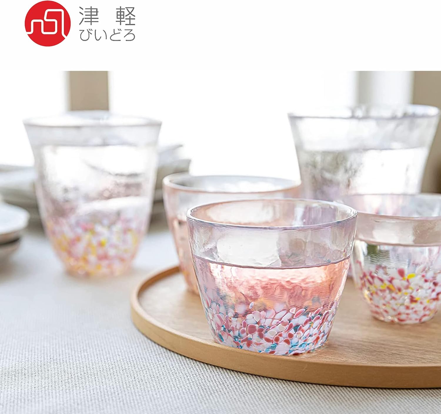 Aderia Tsugaru Vidro Glasses, Pink, Blue, Sakura Sakura Glasses, Pair Set, Gift Box, Made in Japan (Tea Cup)