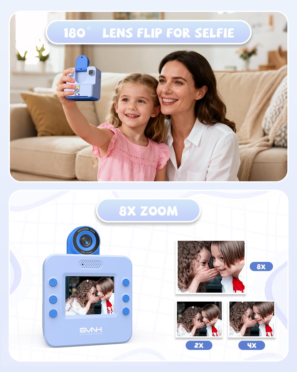 Kinder Sofortbildkamera, Sofortdruck Kamera für Kinder, 180° drehbares Selfie Objektiv mit 32GB SD-Karte – Geschenk für Jungen & Mädchen (3–12 Jahre), Blau