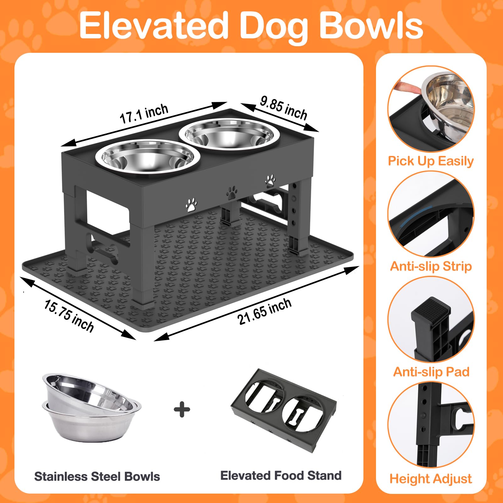 Cuencos elevados para perros con alfombrilla, cuenco elevado de 5 alturas ajustables con 2 cuencos de acero inoxidable para comida para perros, plato antideslizante que se ajusta a 3.1 pulgadas, 9
