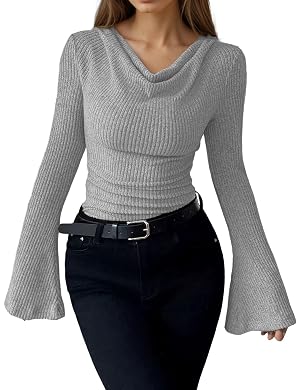 LYKSAW Womens Cowl Neck Bell Sleeve Asymmetrical Hem Knit Blouse Tunic Tops Pullover Y2K Sweatershirts