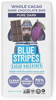 Blue Stripes - Pure Dark Whole Cacao Chocolate Bars, 70% Cacao Bar, Healthy Chocolate, Vegan, No Refined Sugar, Non GMO, Gluten Free, 2.1 OZ