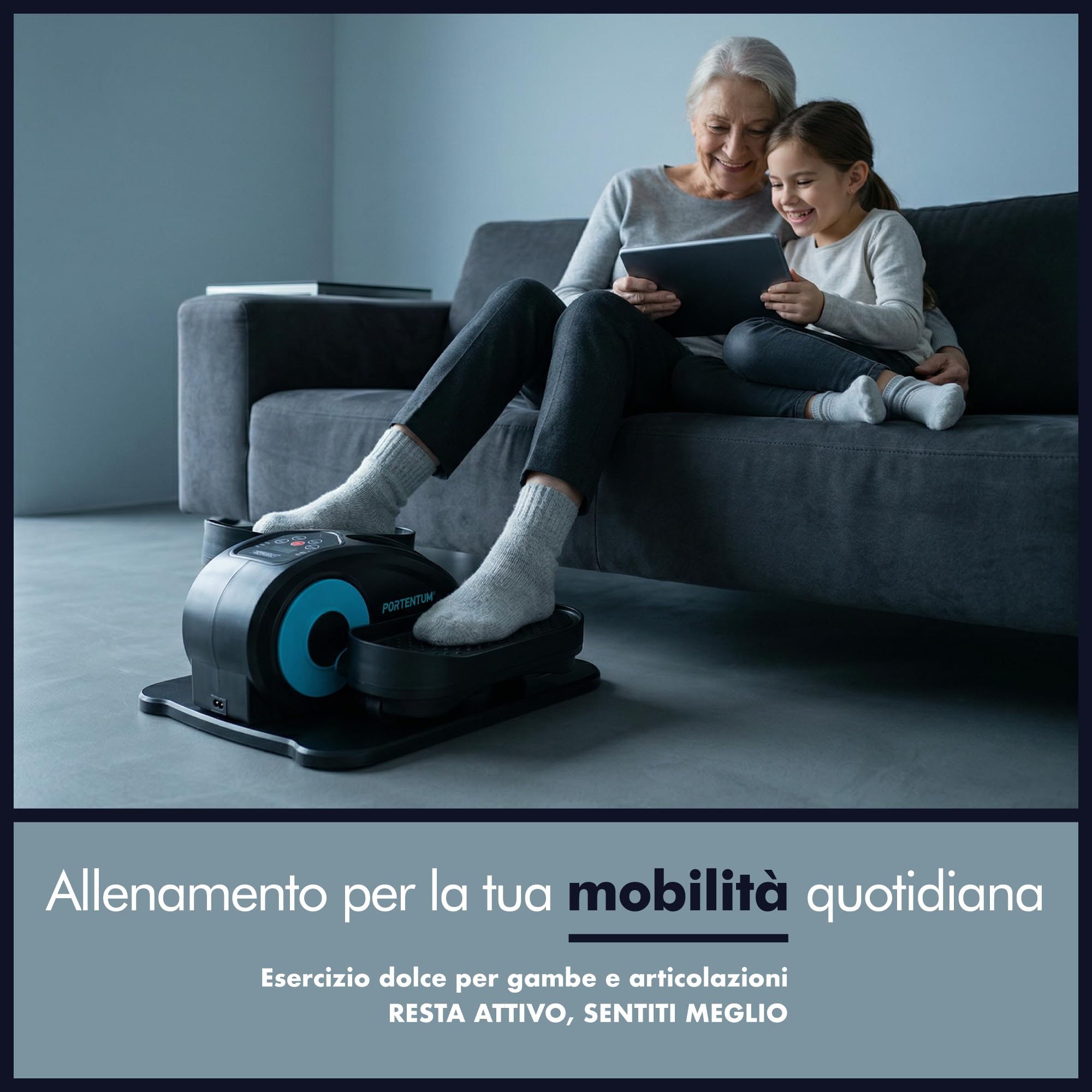 PORTENTUM Mini ellittica da casa elettrica con bande di resistenza – Tappetino e cinghie – Pedaliera riabilitazione automatica e manuale 12 velocità – Telecomando e motore silenzioso