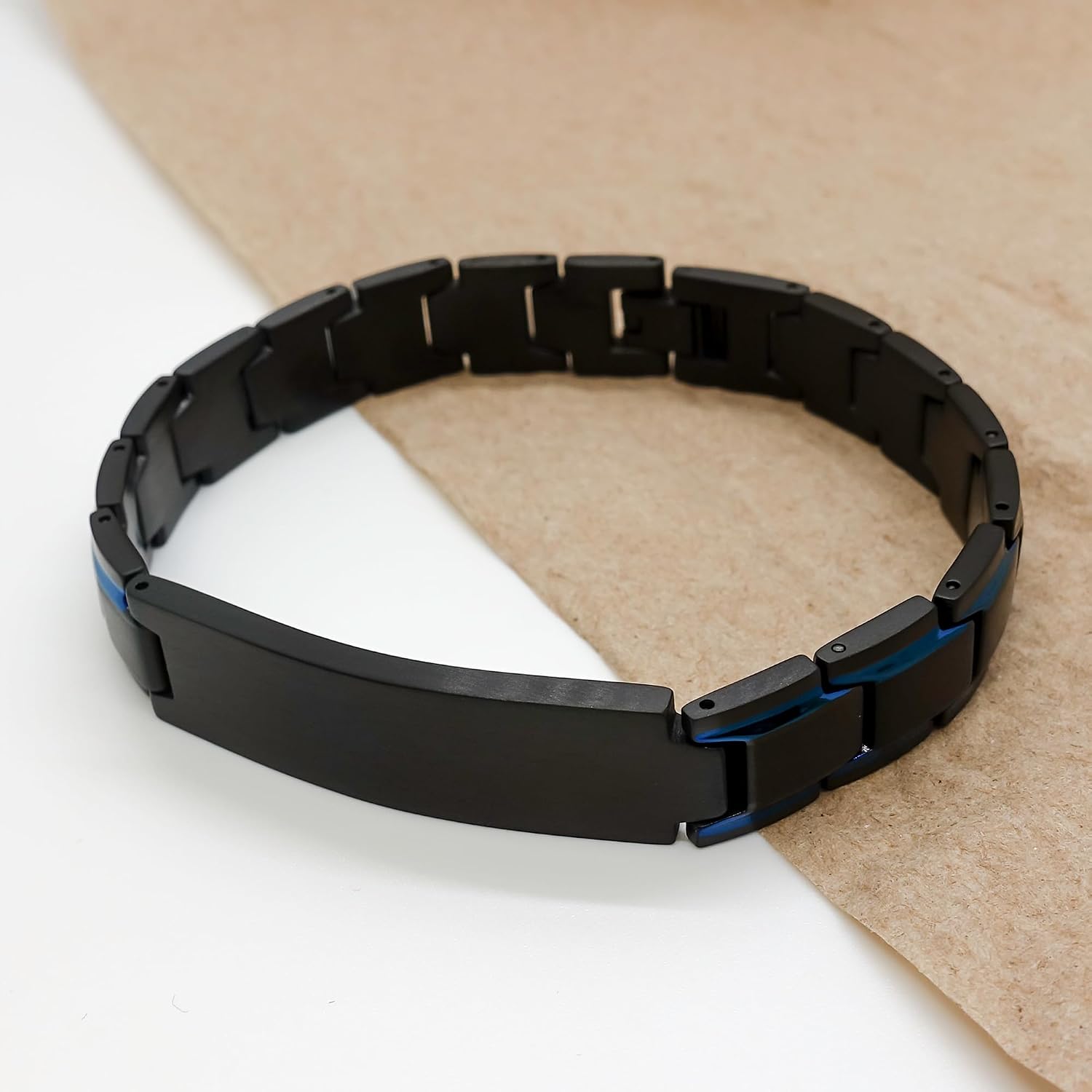 Cox Family Name Sign Blue Black Metal Bracelet - Custom ID Plate Last Name Bracelet Birthday Idea for Friends Men Women, Engraved Adjustable