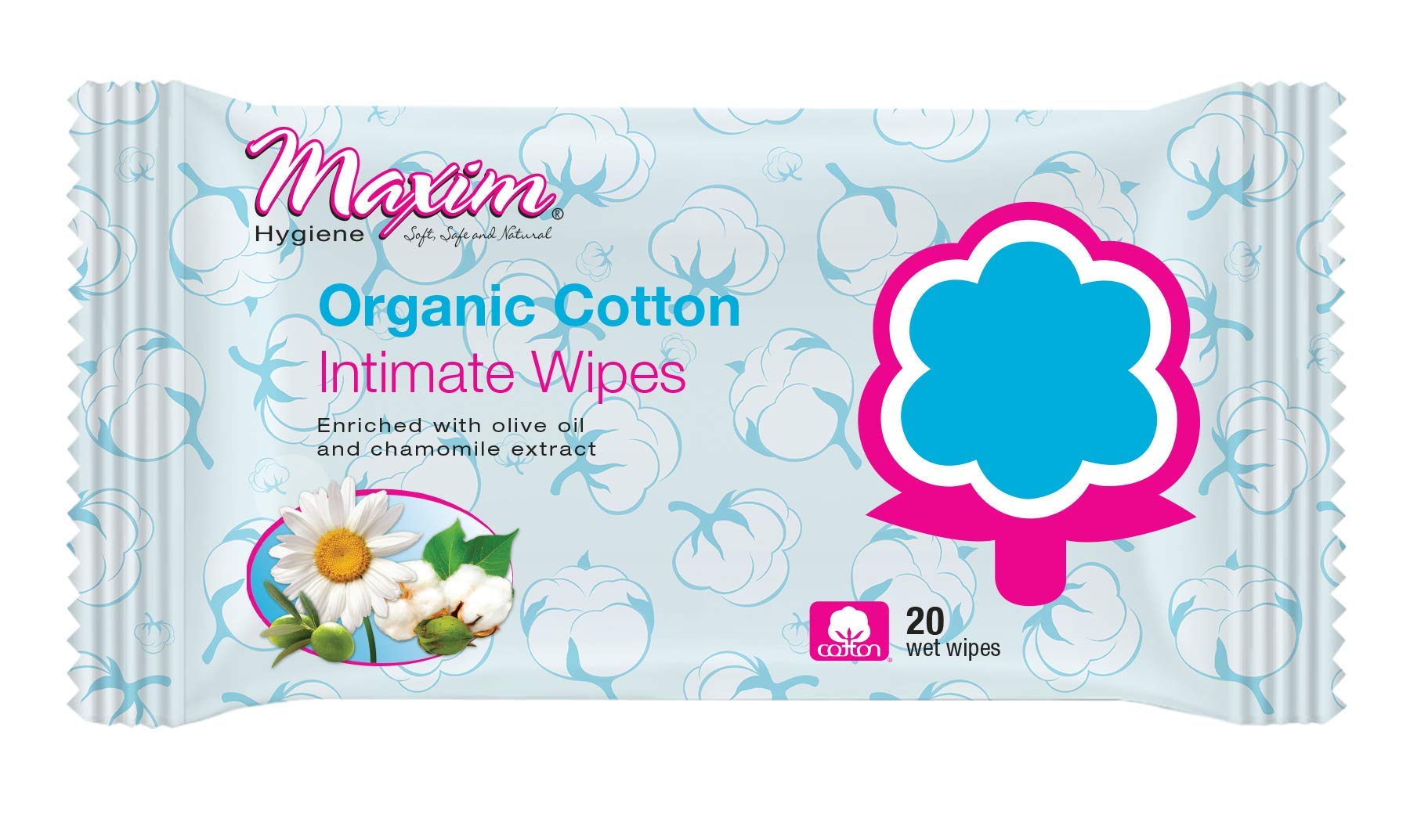 Organic Cotton Intimate Wipes, Organic Feminine Wipes Hypoallergenic with Olive Oil & Chamomile Extract, Vaginal Wipes (1-Pack)
