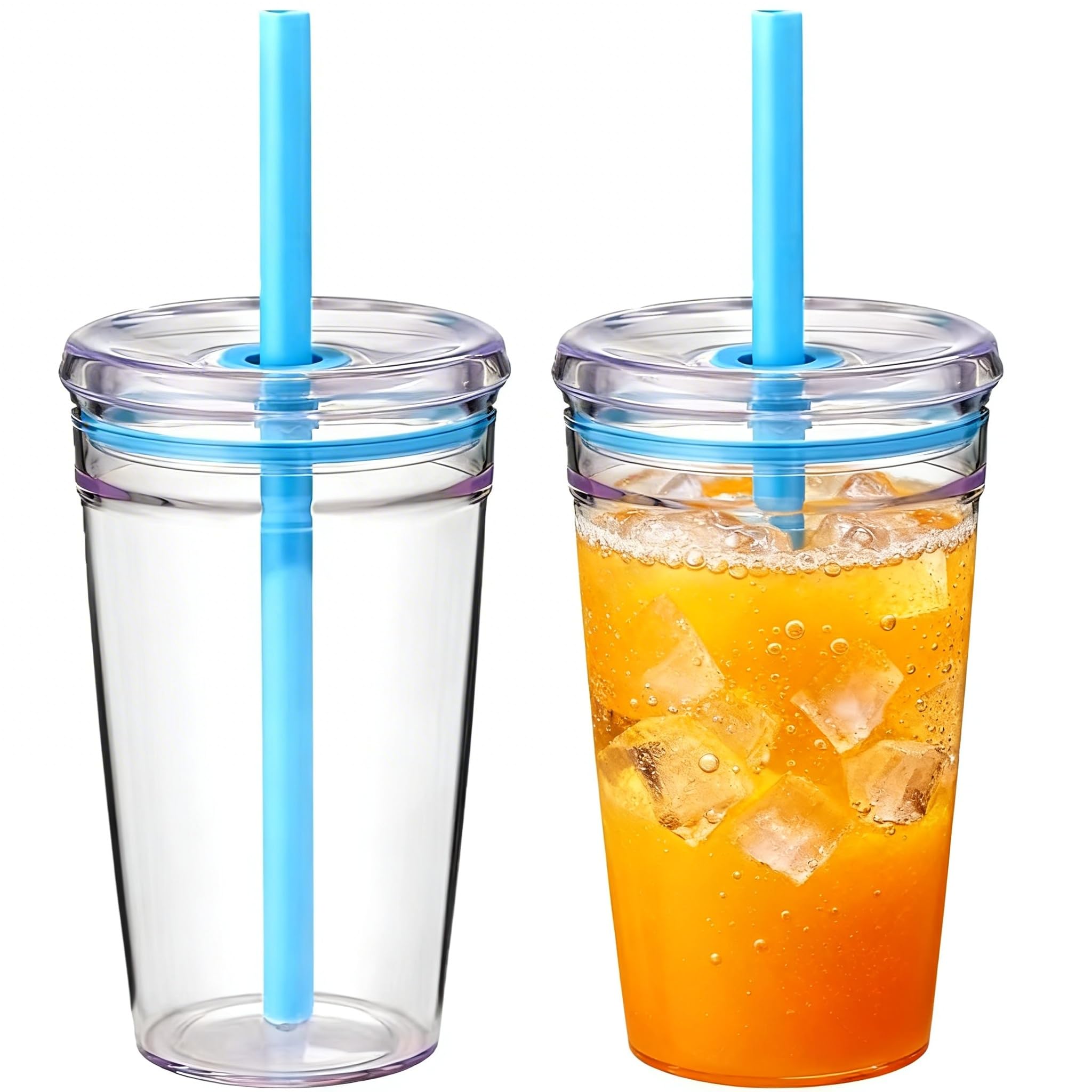 Yisituo 450ml Reusable Iced Coffee Cup, 2 Pack Clear Plastic Cups with Lids and Straws, Cold Cup, for Hot and Cold Drinks (2, Blue)