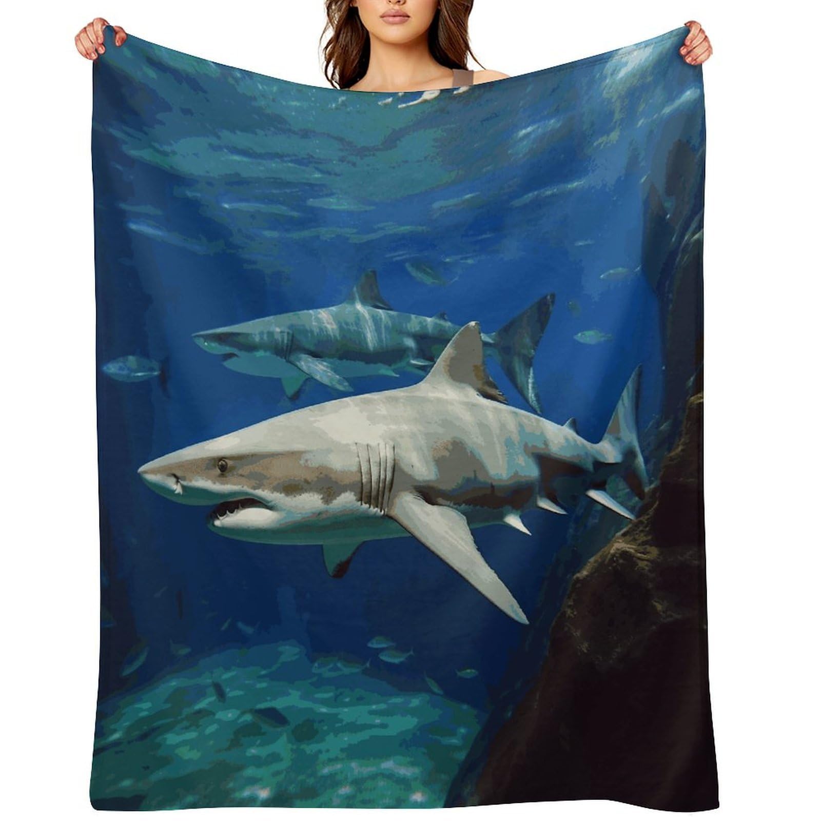 Two White Sharks Blankets Flannel Soft Blanket for Couch Warm Cozy Throw Blankets Fashion Bed Blanket Thick Bath Towel Bedspread Tapestry for Home Supplies Gift 40"x50"