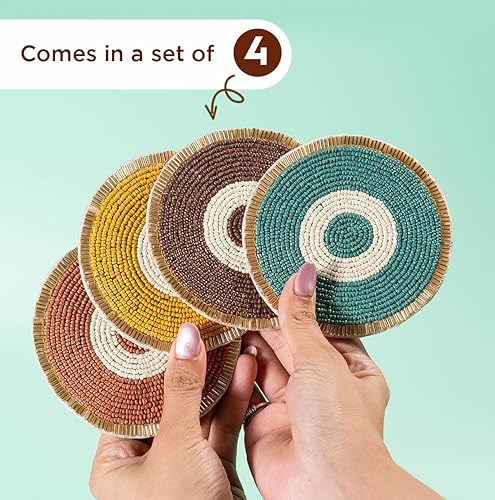 Miniatura 4 de Folkulture Posavasos con cuentas para bebidas  Juego de 4 posavasos redondos decorativos (4 pulgadas) para decoración de mesa  Lindo juego de