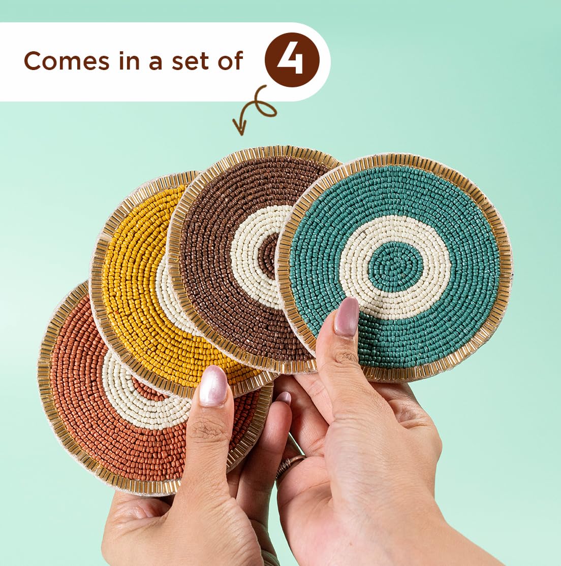 Folkulture Set Di 4 Sottobicchieri Boho Con Perline Di Vetro - Quadrati 10,2 Cm, Artigianali, Antiscivolo, Per Tavolo E Decorazione