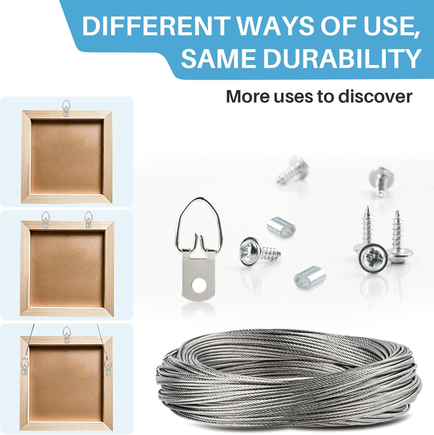 60pcs Picture Wire Hanging Kit - Maqihan Mirror Hanging Kit Picture Hanging Wire 100 Feet and Picture Frame Hangers D Rings with Screw and Aluminum Sleeves for Photos and Other Wall Hanging