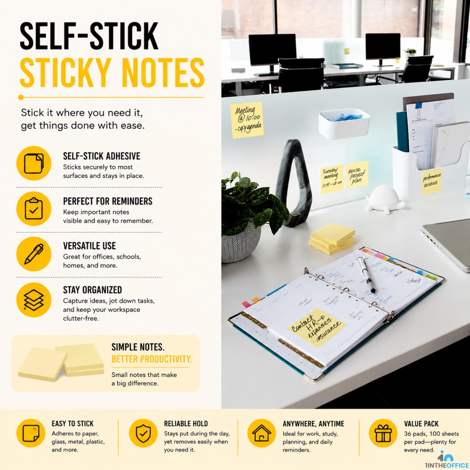 1InTheOffice Lot de 100 feuilles de notes autocollantes Jaune 7,6 x 7,6 cm 36 Pack