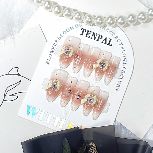 Handmade Press on Nails Long Almond,Gradient Nude Orange Sweet Cute
