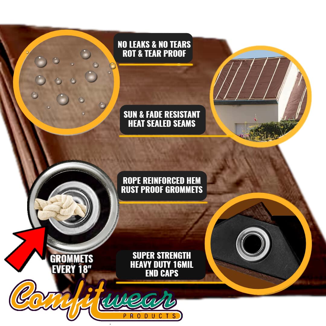 COMFITWEAR 16 MIL Heavy Duty Tarp Super Heavy Duty Tarp Cover 16 MIL Multi-Purpose Extra Heavy Duty Tarps Car Tarp Boat Tarp Camping Tarp General Purpose Waterproof Tarp Cover (6' X 8', Brown)
