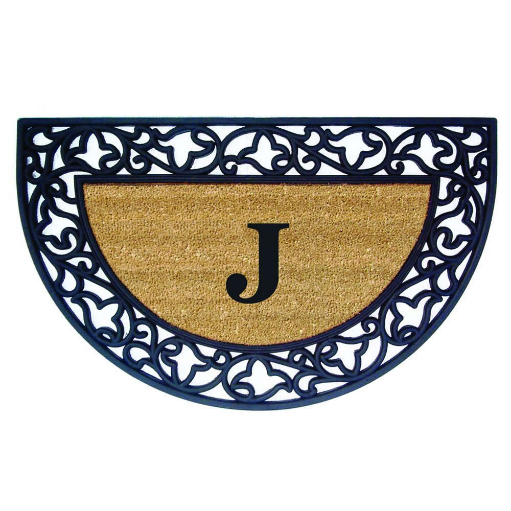 Nedia HomeAcanthus Border with Half Round Rubber/Coir Doormat, 22 by 36-Inch, Monogrammed J