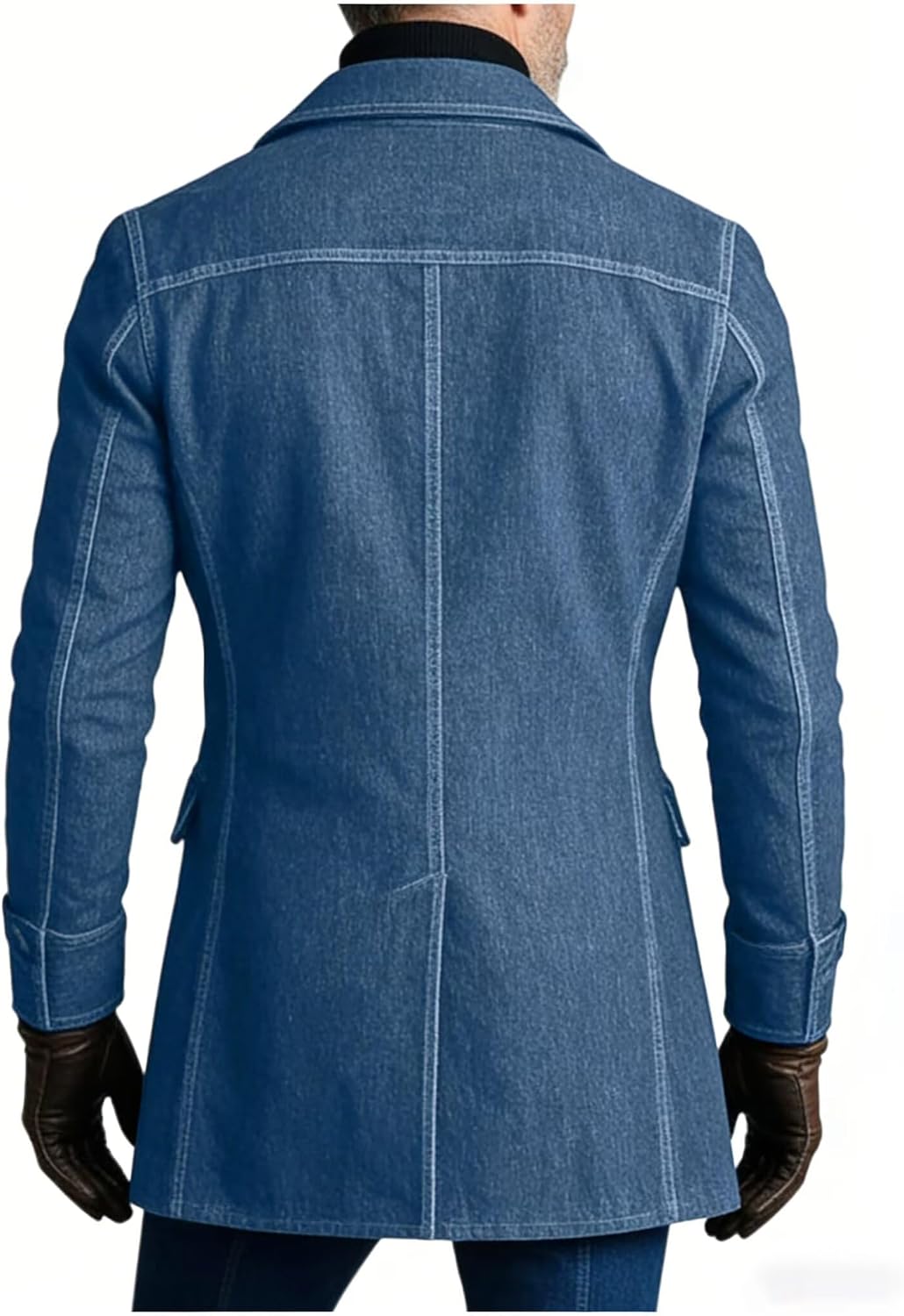 Men's Casual Faux Denim Like Blazer Mid-Length Notch Lapel Single-Breasted Jacket with Pockets for Daily Wear