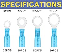 Vista 2 de haisstronica Terminales de anillo, 200 conectores de anillo termorretráctil de grado marino, conectores de cable azul, cobre rojo estañado #10, 1/4