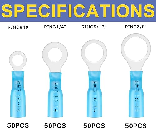 Miniatura 2 de haisstronica Terminales de anillo, 200 conectores de anillo termorretráctil de grado marino, conectores de cable azul, cobre rojo estañado #10, 14,