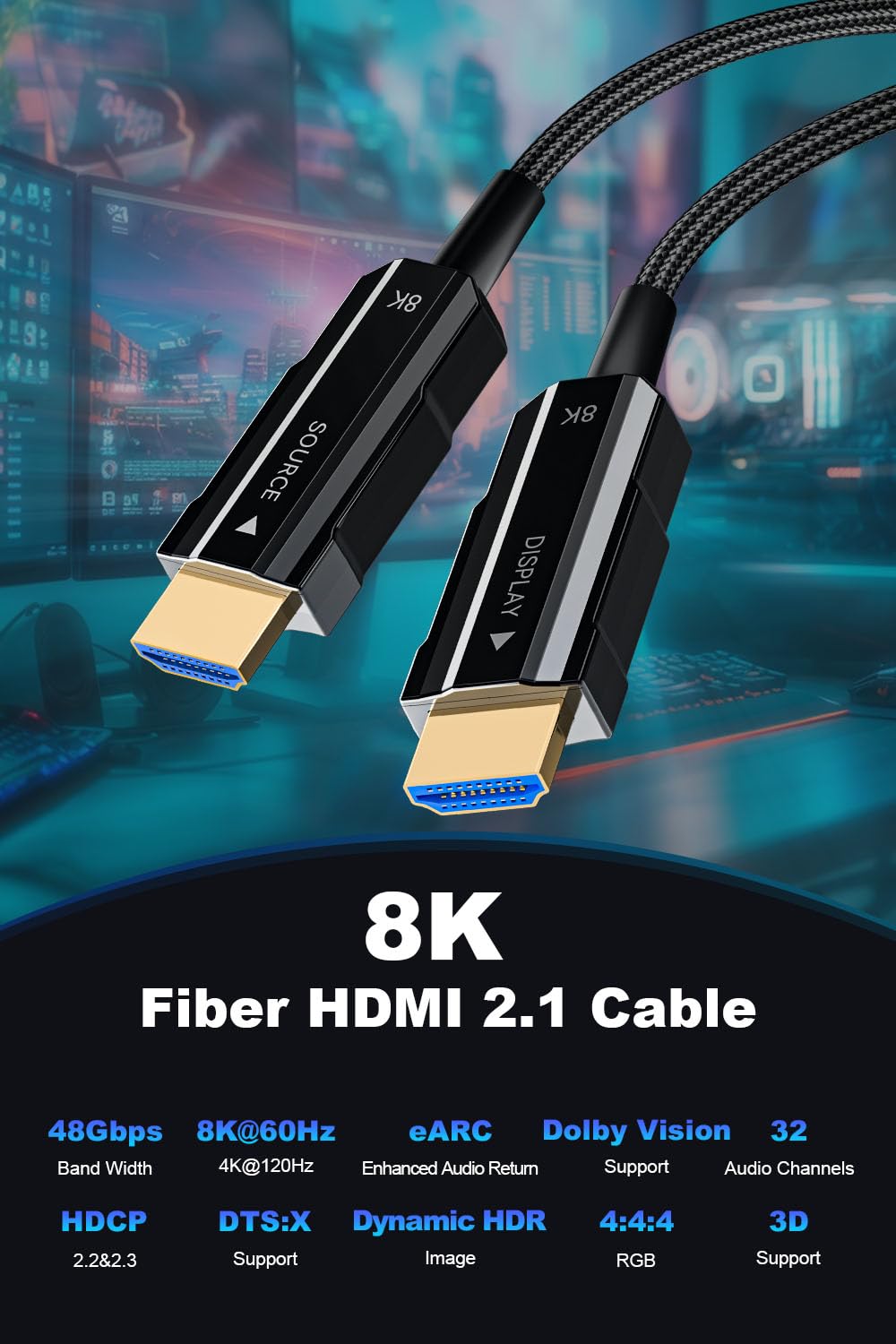 Fiber Optic HDMI Cable 16.4ft, 48Gbps High-Speed HDMI 2.1 Cable 8K@60Hz 4K@ 120Hz Dolby/Dynamic HDR/HDCP 2.3/eARC 8K Fiber One-Direction HDMI Cord Compatible With Blu-ray/TV Box/HDTV/Projector