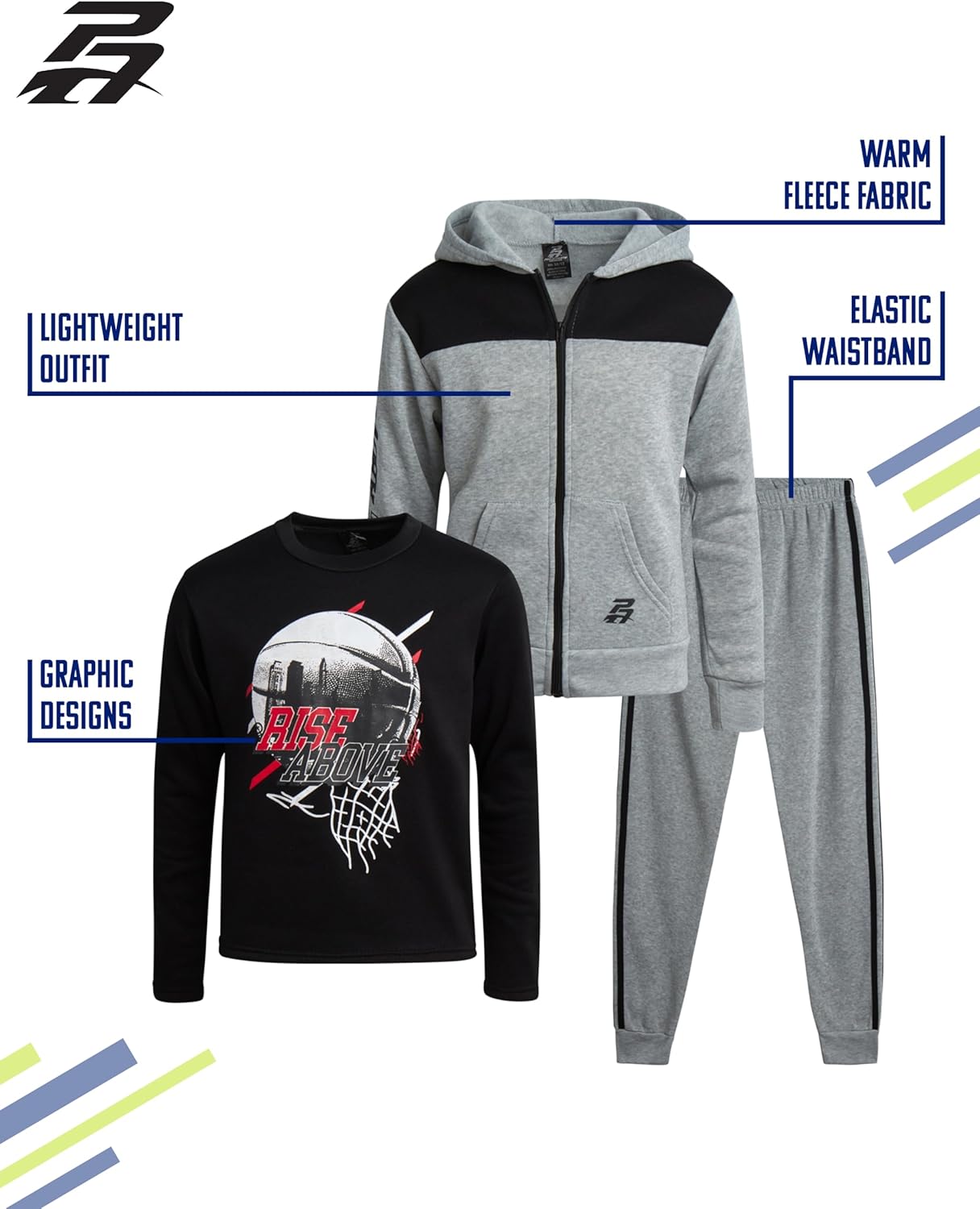 Pro Athlete Boys Tracksuit Set - 3 Piece Long Sleeve Graphic Tees Fleece Zip Up Hoodie Sweatshirt and Sweatpants for Boys - Image 2