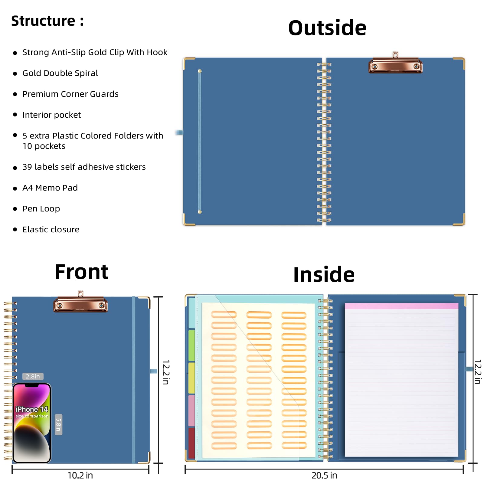 Ospelelf Cartellina portablocco con spazio di archiviazione, 21,5 x 28,5 cm, organizer per padfolio, formato lettera a spirale, con blocco note, portapenne, 5 pagine divisorie extra, chiusura