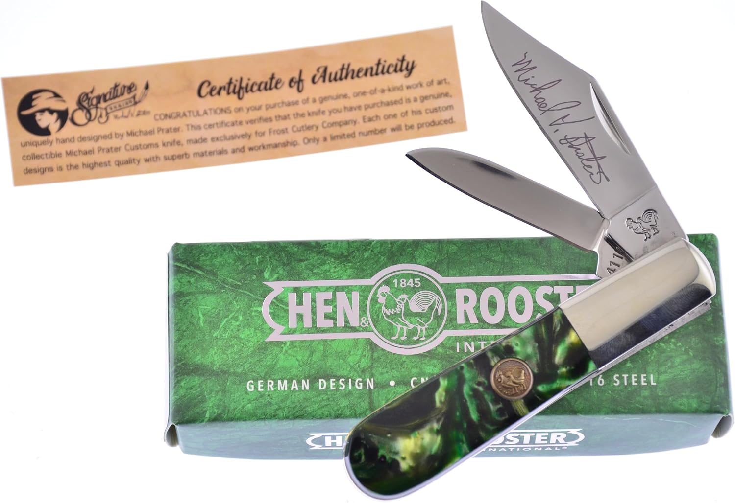 Hen & Rooster International Pocket Knife 163-MP/MM Barlow with a Custom Michael Prater Medicine Man Corelon Handle German Stainless Steel Blades Closed 3.25 Inches